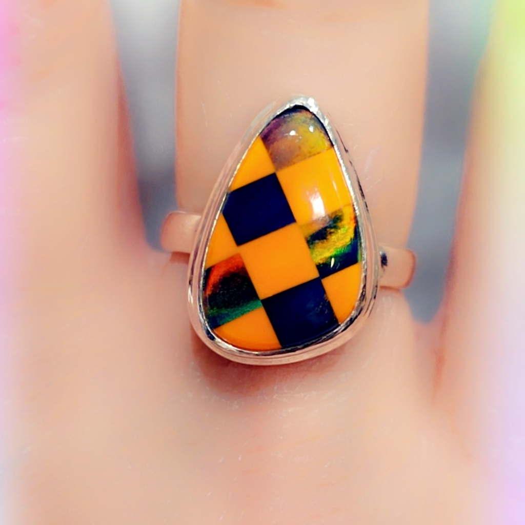 Checkerboard Opal Sterling Gemstone Ring